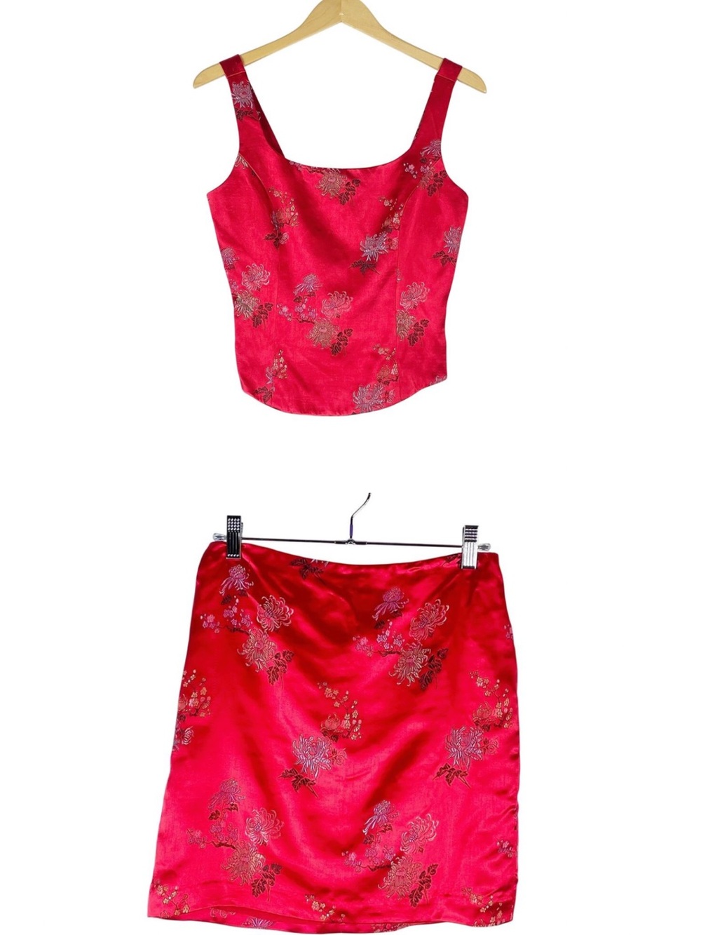 Kelly & Diane Y2K Red Satin Two Piece Cropped Top Mini Skirt Asian Inspired Sz 4